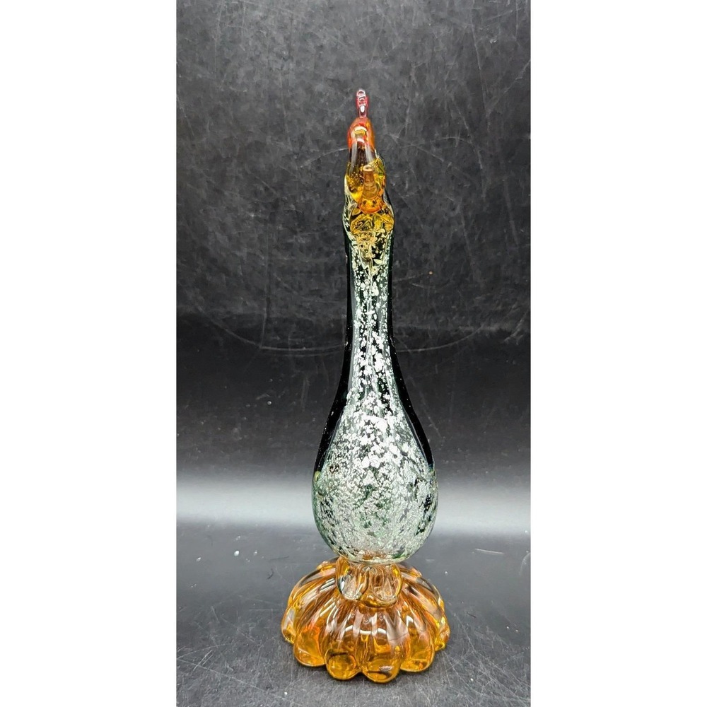 Vintage Murano Art Glass Rooster Figurine Sculpture Silver Flake Green Orange - Picture 5 of 10